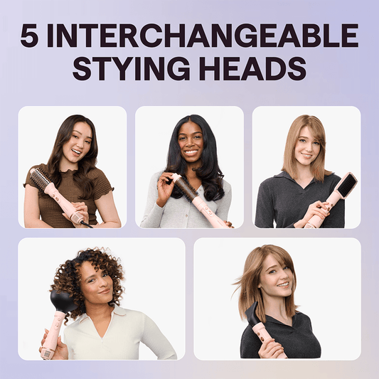Five women using Pink Air Sculpt 5 In 1 with interchangeable heads on a light purple background.