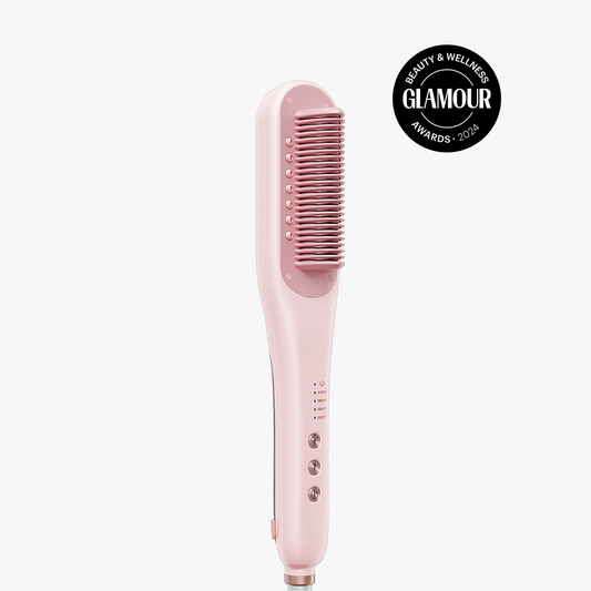 Pink Steamline Pro hair straightening tool featuring the Glamour 2024 Beauty & Wellness Award badge, showcasing its award-winning performance on a clean white background.