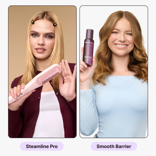 Two women using hair styling tools labeled 'Steamline Pro' and 'Smooth Barrier' on a split background.