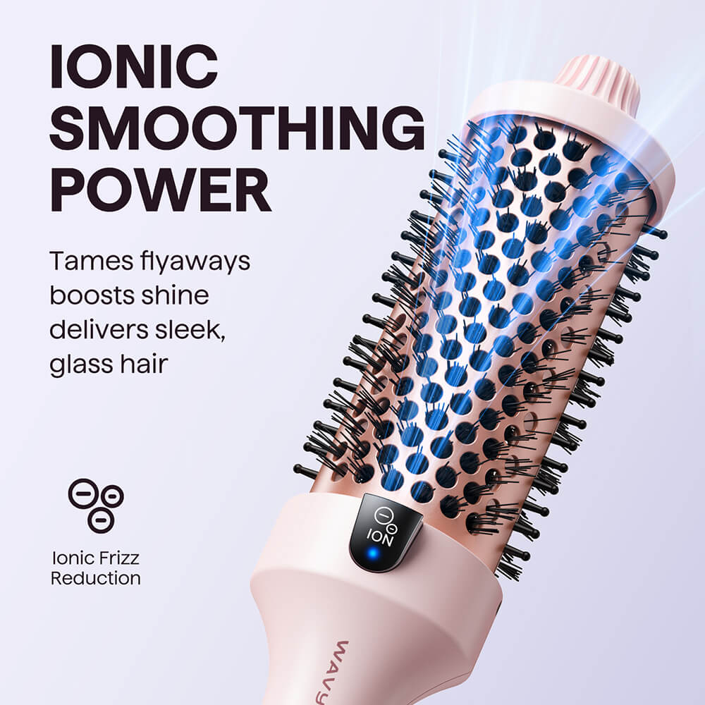Pink Blowout Boost hair styling tool with blue bristle design on a light purple background, featuring text about ionic smoothing power.