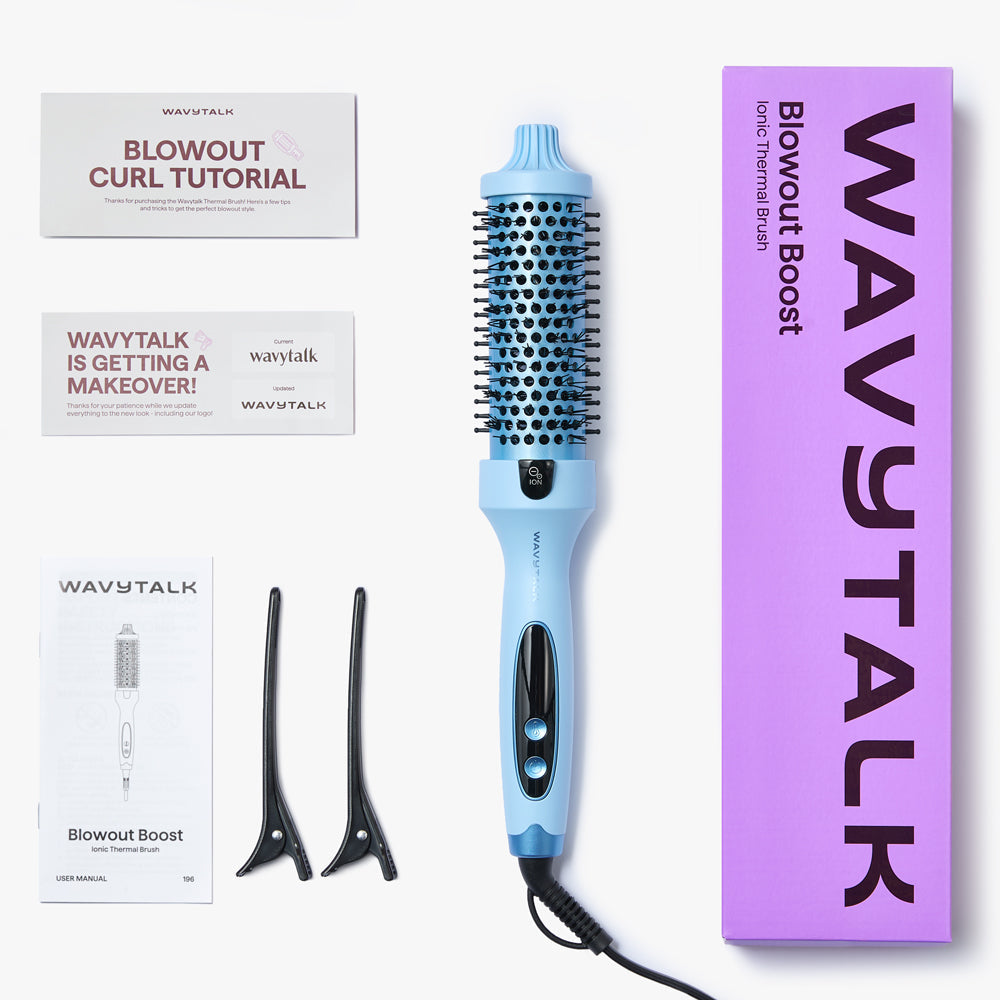 Wavytalk blue Blowout Boost ionic thermal brush with packaging and accessories on a white background