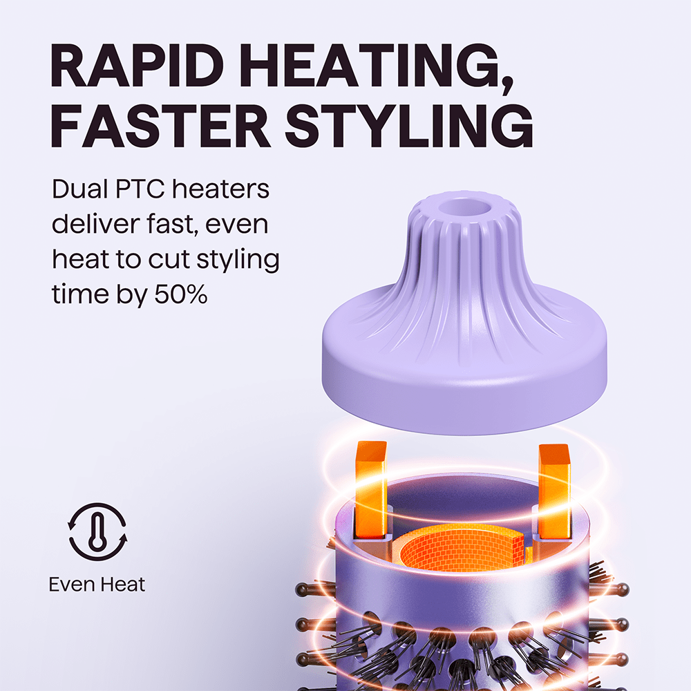 Purple Blowout Boost Hair styling tool with heating elements and text about rapid heating and faster styling.