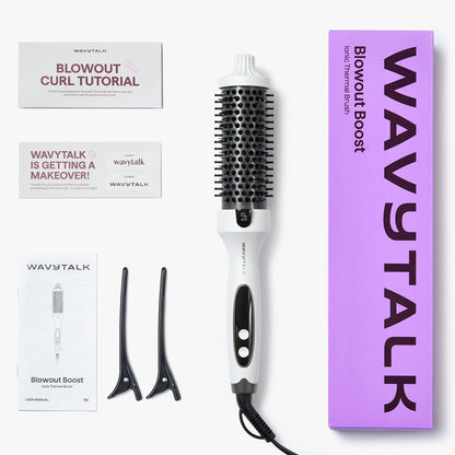 Wavytalk white Blowout Boost ionic thermal brush with packaging and accessories on a white background
