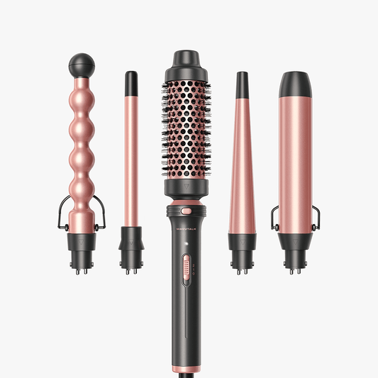 Rose gold Pink Multi Curl 5-in-1 set hair styling tools on a white background