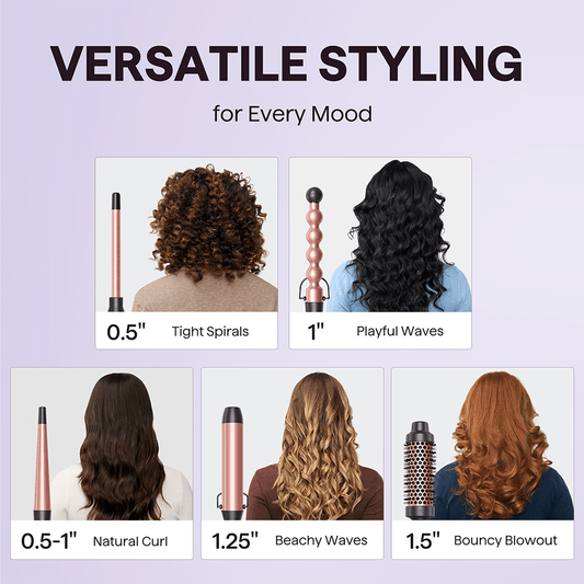 Rose gold Pink Multi Curl 5-in-1 set with different tools for various hairstyles on a light purple background.