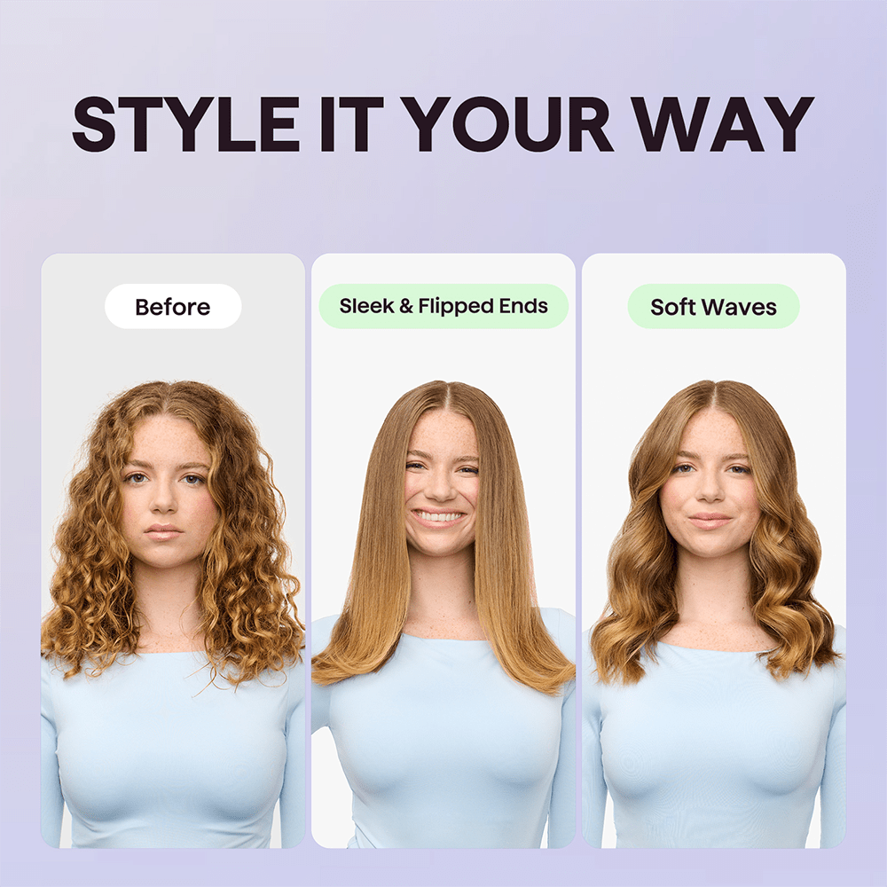 Gold Rose Sleek Sweep hair styling tool showing before and after styling options with the text "Style It Your Way" on a purple background.