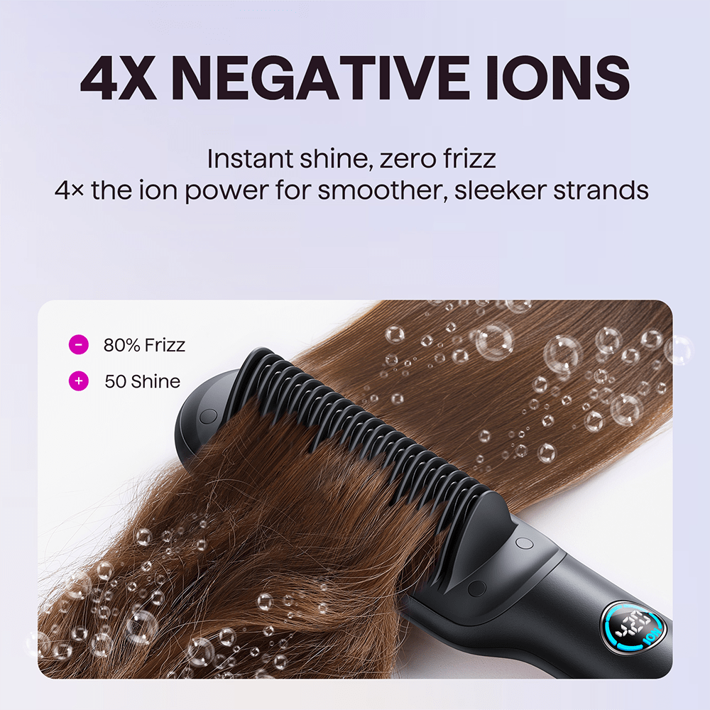 Gold Rose Sleek Sweep hair straightening comb featuring 4X negative ion technology for frizz-free hair, presented on a white background.