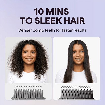 Before and after hair comparison using the Gold Rose Sleek Sweep denser comb, featuring the text "10 Mins to Sleek Hair" on a light purple background.