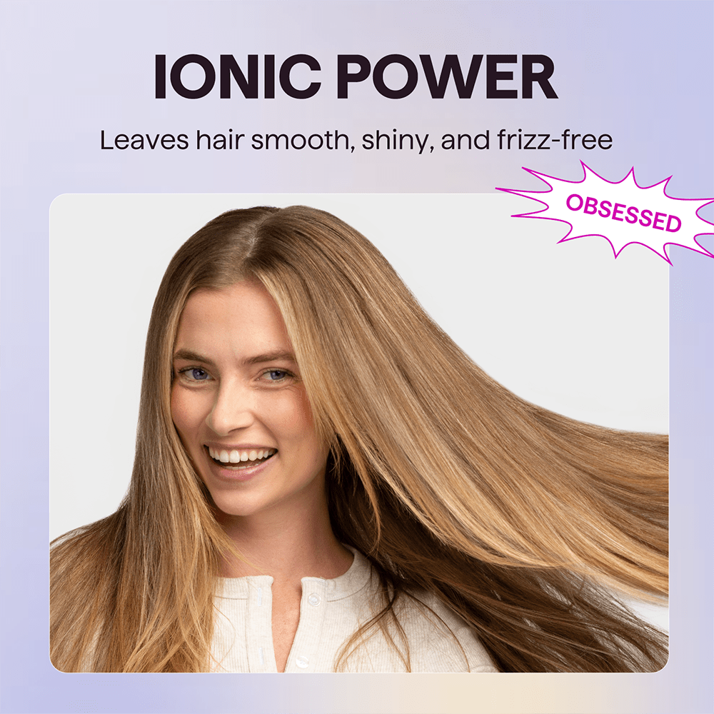 Woman with long, straight hair on a light purple background with text about Ionic Power hair product.