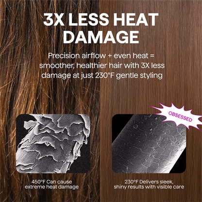 Advertisement highlighting reduced heat damage with hair styling product, showing before and after images of hair damage using Pink Air Sculpt 5 In 1
