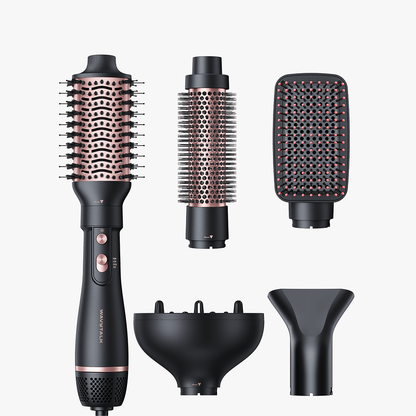 Rose Gold Air Sculpt 5 In 1 hair styling tools with various attachments on a white background