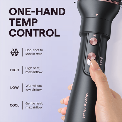 Rose Gold Air Sculpt 5 In 1 hair styling tool with temperature control buttons and 'Wavytalk' branding on a light purple background.