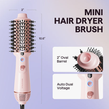 Mini hair dryer brush with measurements and features on a light purple background