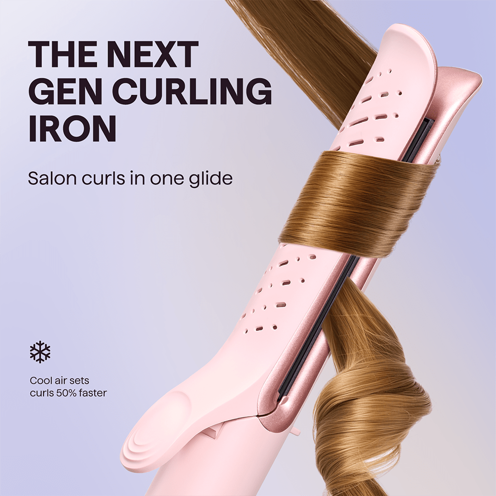 Pink Cool Curl curling iron being used on long blonde hair to create waves, featured against a crisp light blue background.