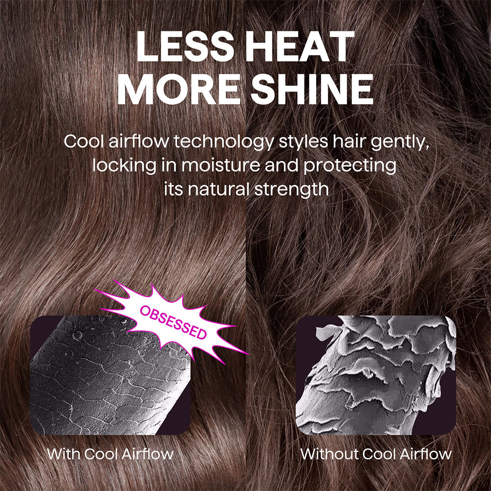 Text overlay on hair showing 'Less Heat More Shine' with close-up images of hair texture with and without cool airflow technology.
