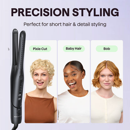 Black Cool Curl Pencil with three women showcasing different hair styles on a light purple background.