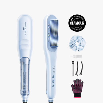 Hair straightening tool with attachments and scrunchie on a white background