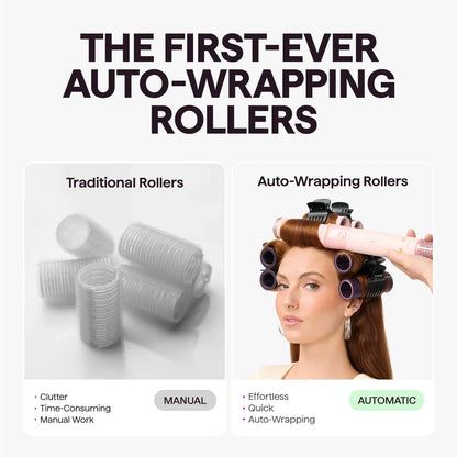 Promotional comparison graphic for auto-wrapping rollers. The top text reads 'THE FIRST-EVER AUTO-WRAPPING ROLLERS.