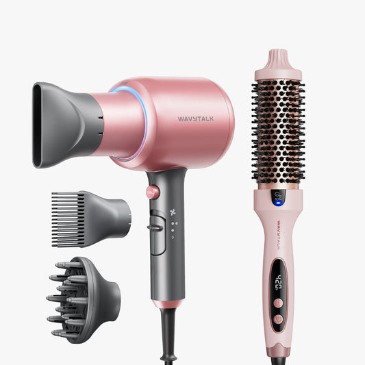 Rose Gold Blown Away and pink Blowout Boost display on a white background