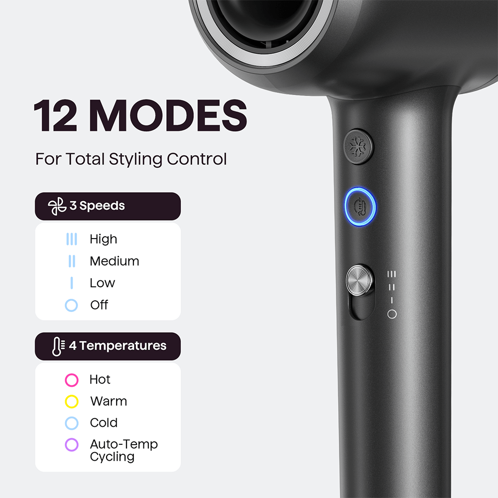Gray Turblow Pro hair dryer with control settings for 12 modes on a white background