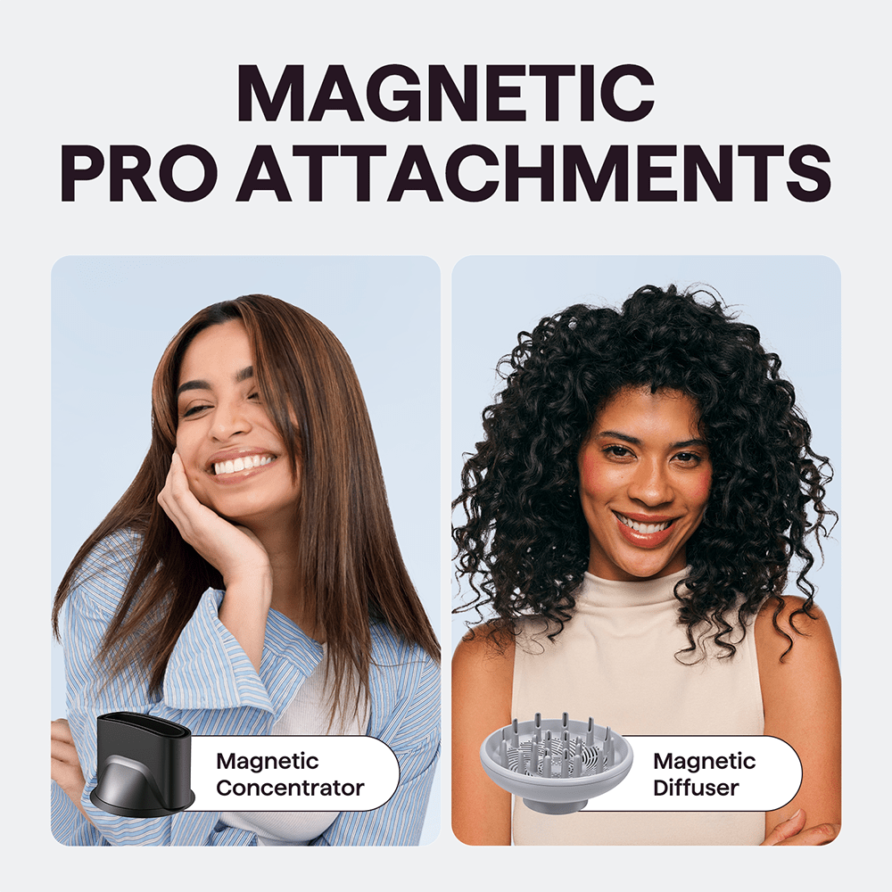 Turblow Pro hair dryer being used by two women with different hair types, showcasing the magnetic hair product attachments for versatile styling on a light blue background.