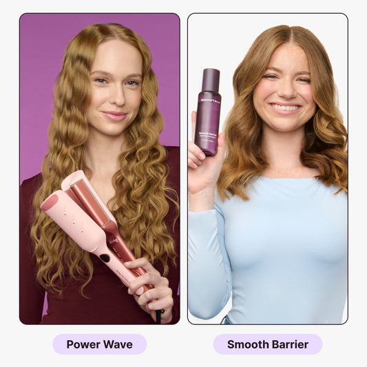 Two women using hair styling tools labeled 'Power Wave' and 'Smooth Barrier' on a split background.